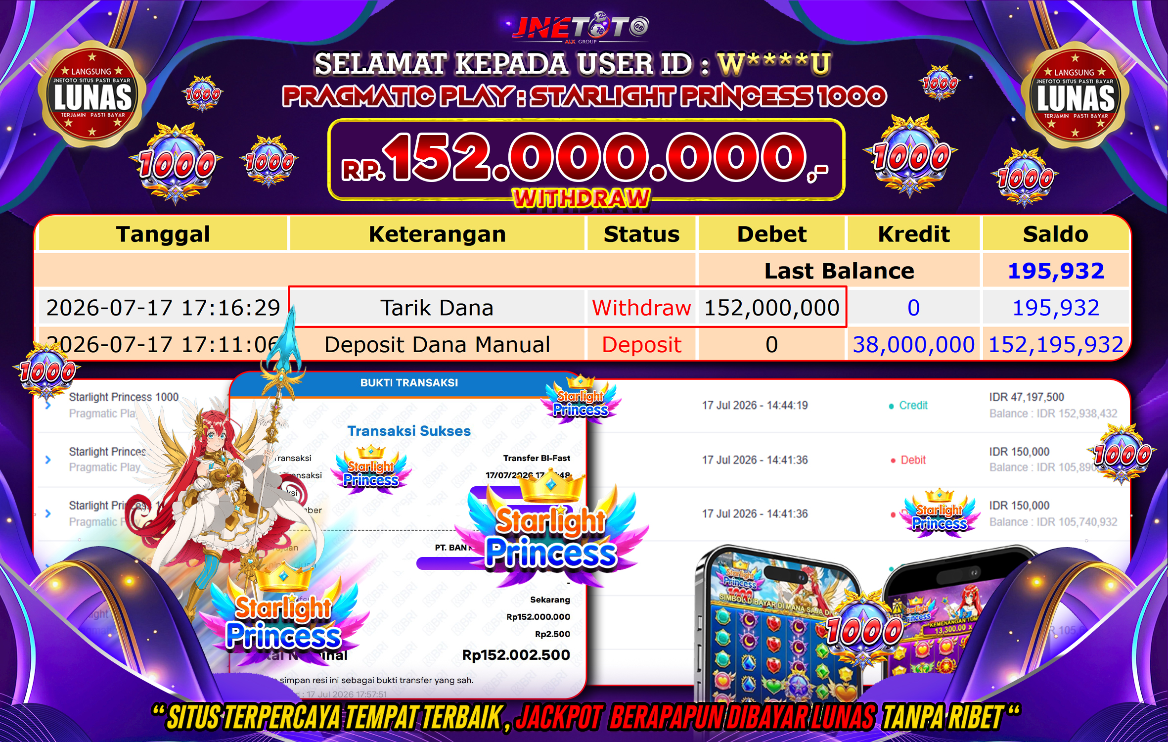 Bukti Jackpot JNETOTO di PRAGMATIC PLAY : Starlight Princess 1000 Rp,152.000.000 LUNAS!