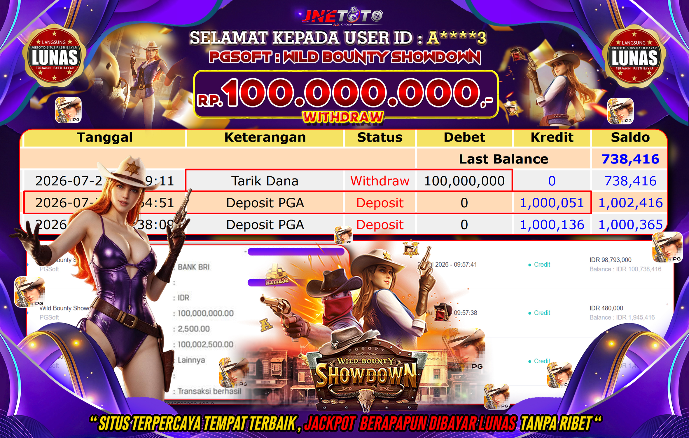 Bukti Jackpot JNETOTO di PGSOFT : Wild Bounty Showdown Rp,100.000.000 LUNAS!