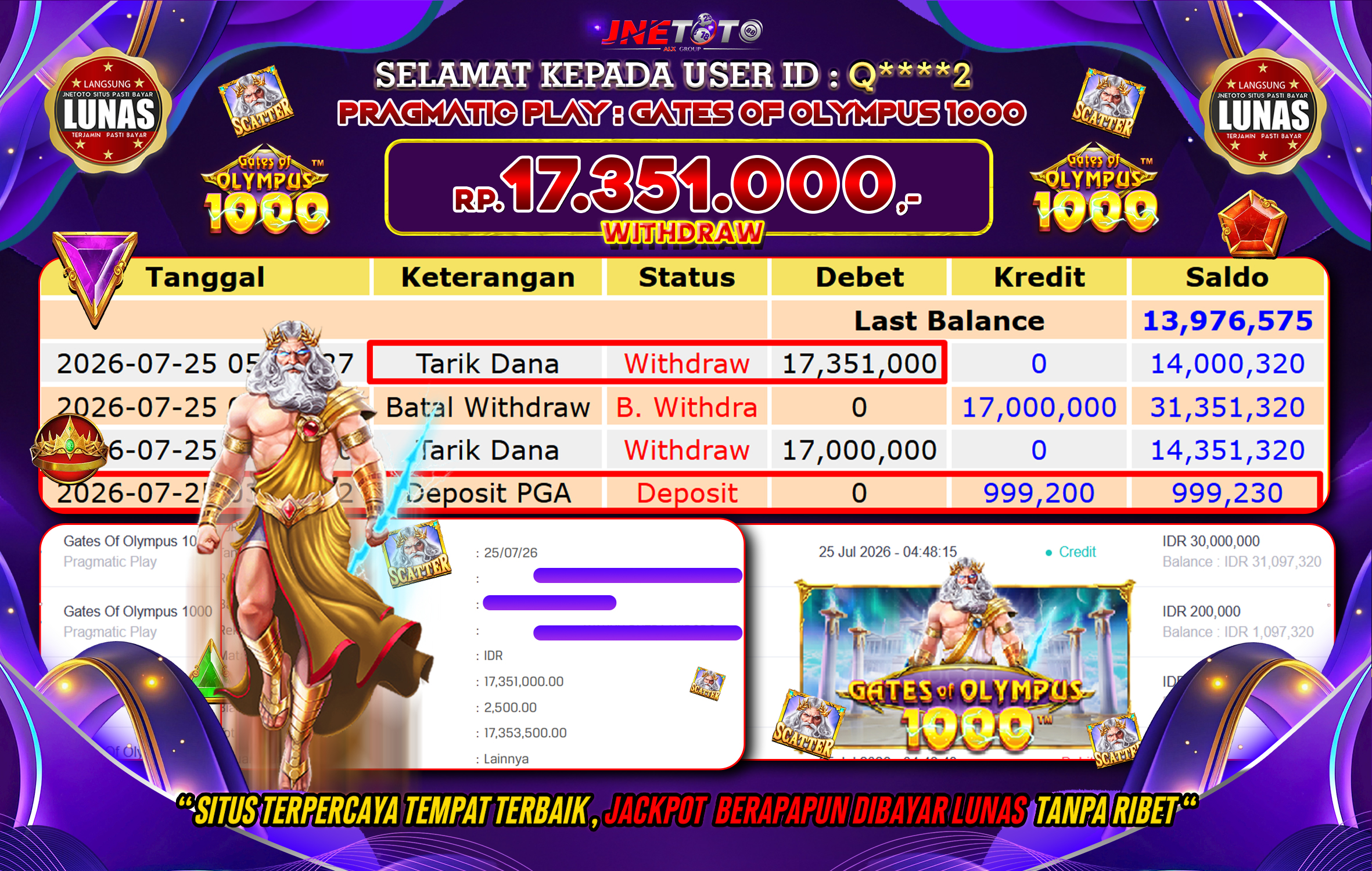 Bukti Jackpot JNETOTO di PRAGMATIC PLAY : Gates Of Olympus 1000 Rp,17.351.000 LUNAS!