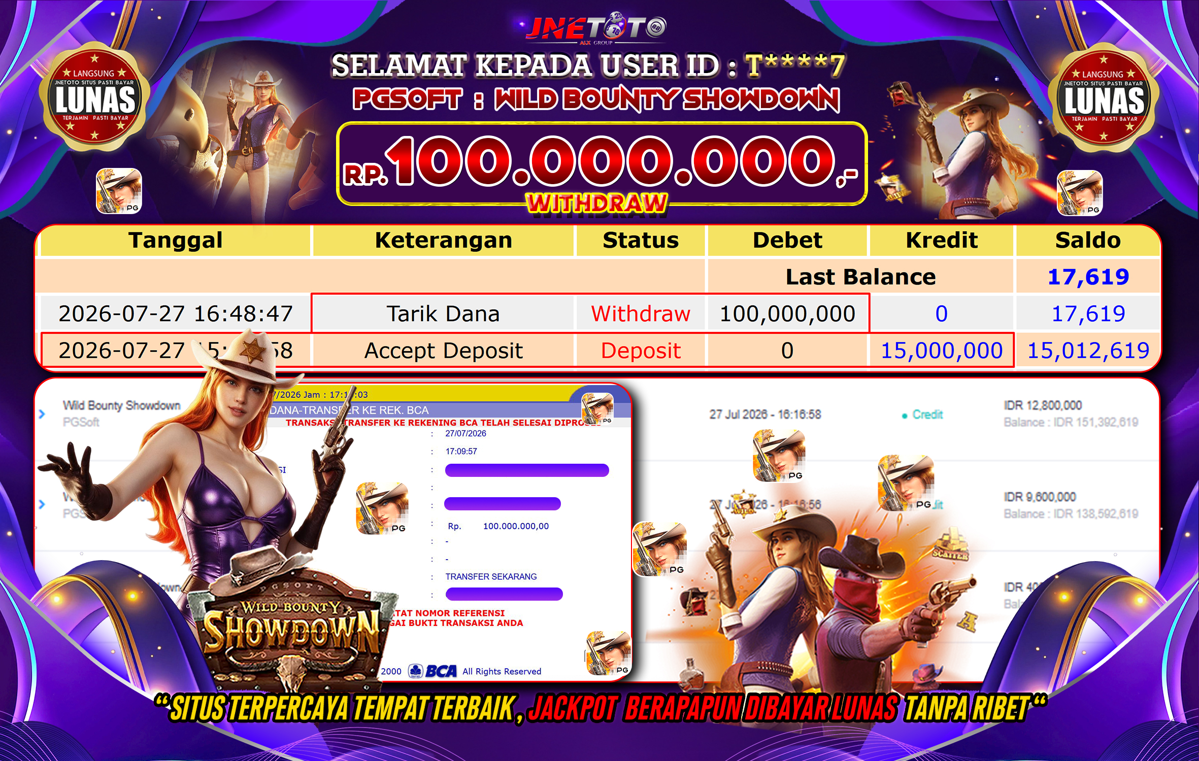 Bukti Jackpot JNETOTO di PGSOFT : Wild Bounty Showdown Rp,100.000.000 LUNAS!